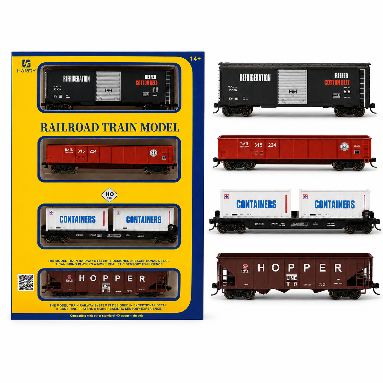 HANFIY 95019 HO 1:87 Railroad Freight Wagon Set – 4-Piece Model Train Cars, 14+