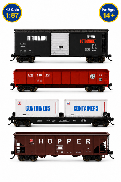 HANFIY 95019 HO 1:87 Railroad Freight Wagon Set – 4-Piece Model Train Cars, 14+