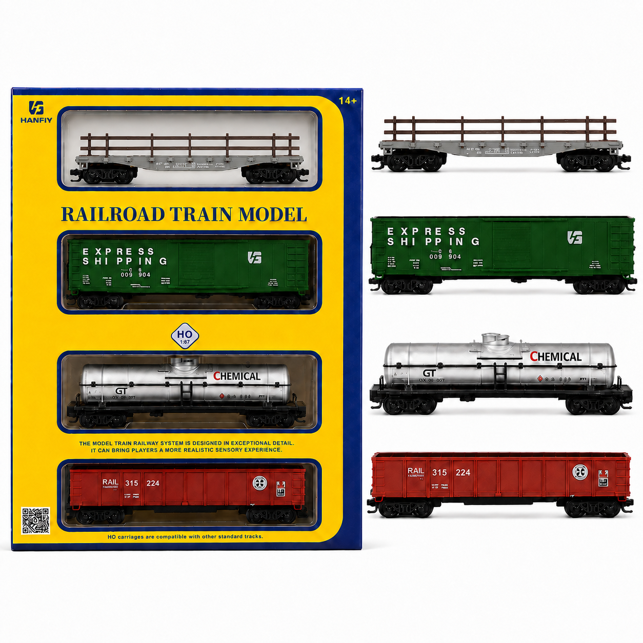 HANFIY 95020 HO 1:87 Freight Train Wagon Set – 4 Model Railway Cars for Collectors, 14+