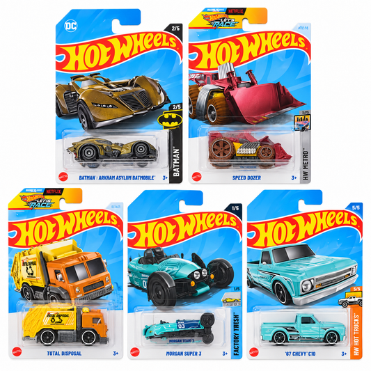 Hot Wheels 1:64 Die-Cast 5-Car Combo – Batman Arkham Asylum Batmobile, Speed Dozer, Total Disposal, Morgan Super 3 & ’67 Chevy C10