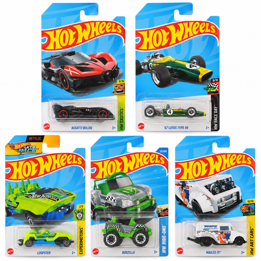 Hot Wheels 1:64 Die-Cast 5-Car Combo – Bugatti Bolide, ’67 Lotus Type 49, Loopster, Bogzilla & Mailed It!