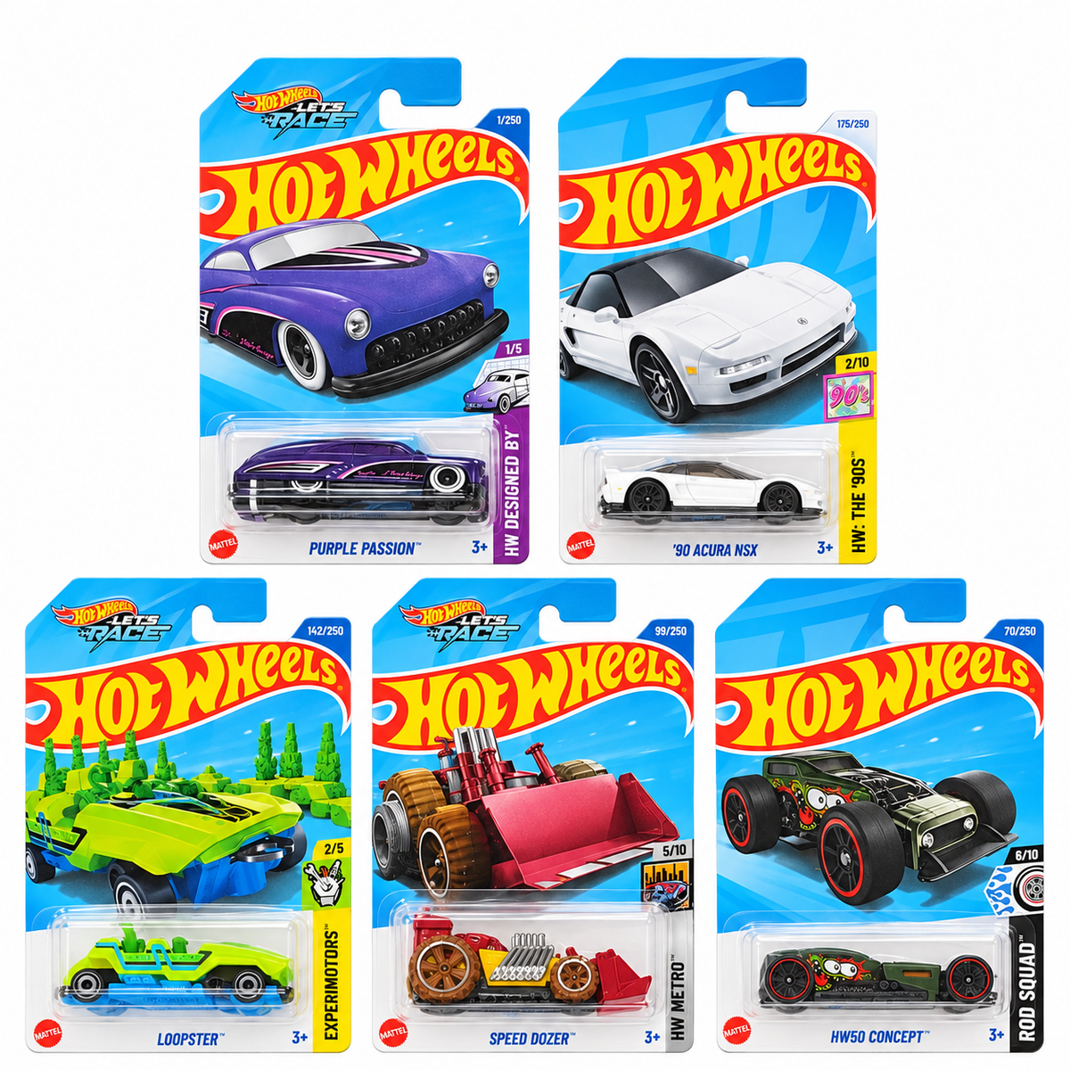 Hot Wheels 1:64 Die-Cast 5-Car Combo – Purple Passion, ’90 Acura NSX, Loopster, Speed Dozer & HW50 Concept