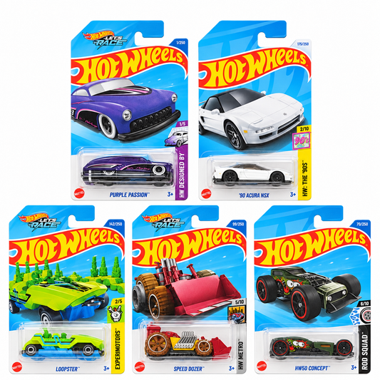 Hot Wheels 1:64 Die-Cast 5-Car Combo – Purple Passion, ’90 Acura NSX, Loopster, Speed Dozer & HW50 Concept