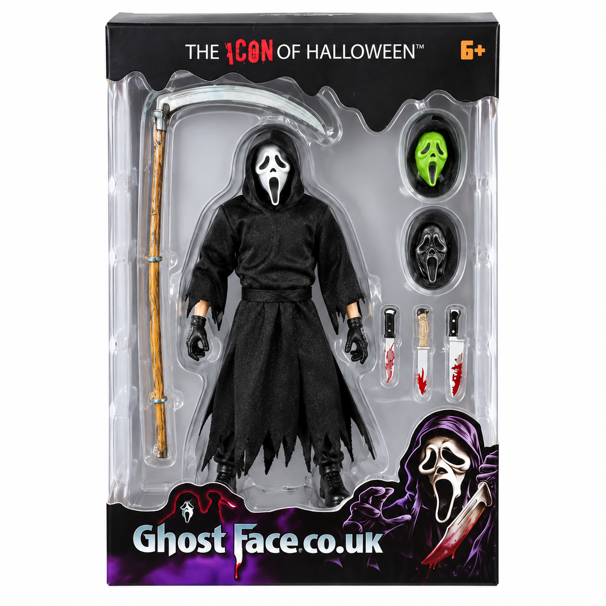 Ghost Face The Icon of Halloween Action Figure Set with Scythe, 3 Knives & Interchangeable Masks | Horror Collectible Figure for Kids & Collectors Ages 6+