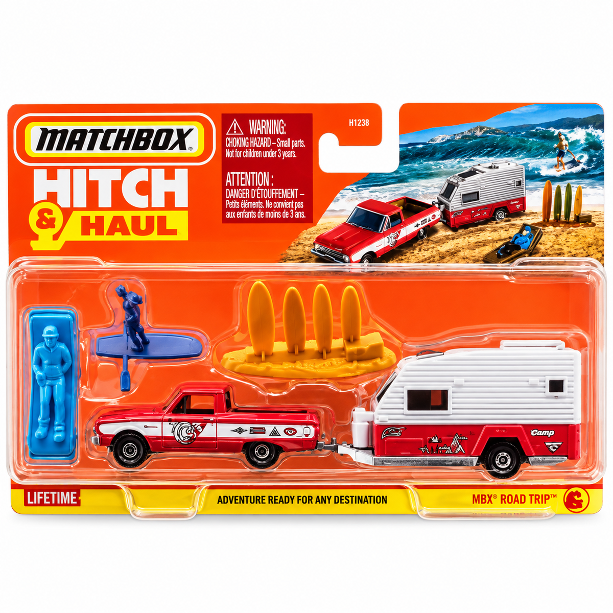 Matchbox Hitch & Haul 1961 Ford Ranchero with MBX Travel Trailer II & Surfing Accessories Die-Cast Playset