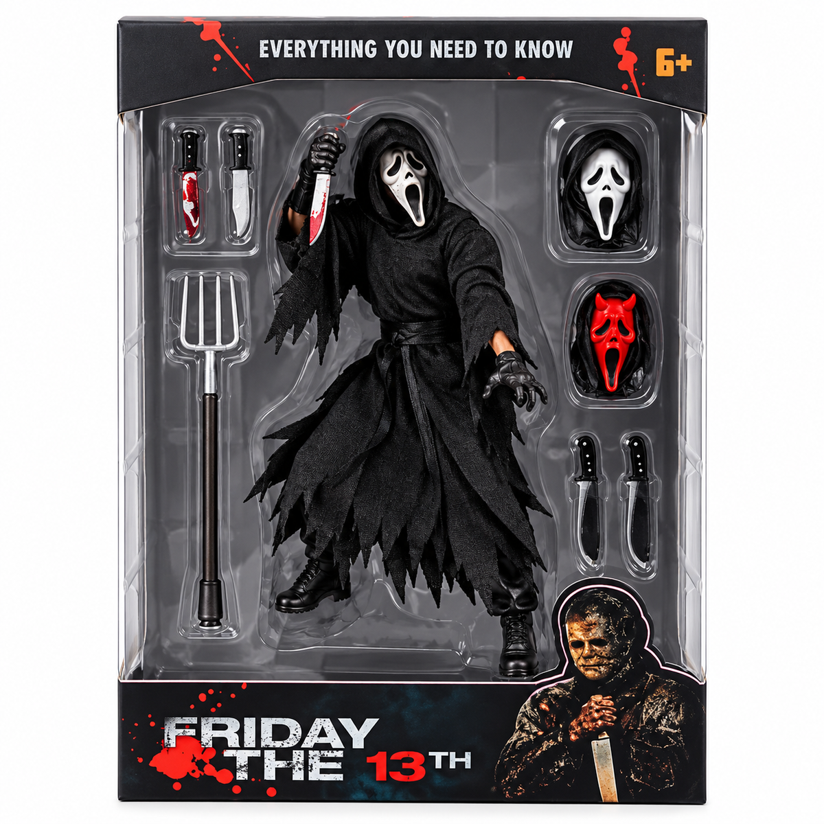 Ghost Face Friday the 13th Horror Action Figure Set with Pitchfork, Knives & Interchangeable Masks | Halloween Collectible Figure for Kids & Horror Fans Ages 6+