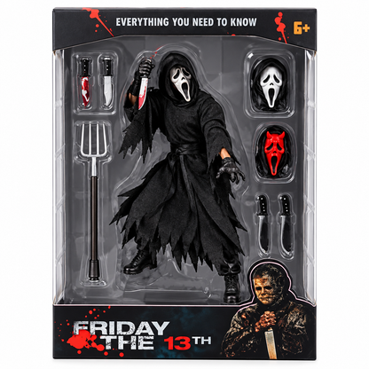 Ghost Face Friday the 13th Horror Action Figure Set with Pitchfork, Knives & Interchangeable Masks | Halloween Collectible Figure for Kids & Horror Fans Ages 6+