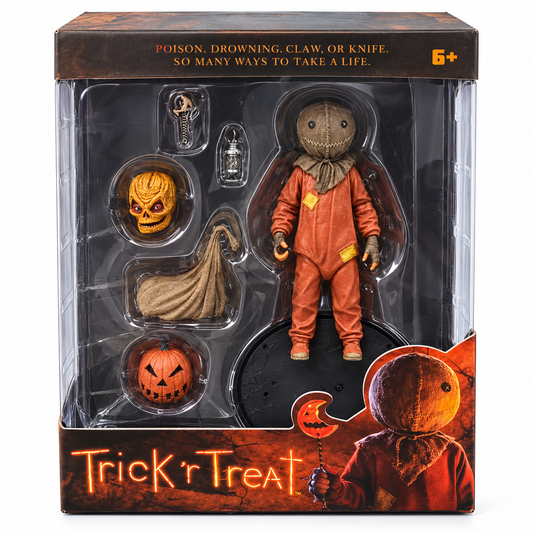 Trick ’r Treat Sam Horror Action Figure Set with Interchangeable Head, Pumpkin, Sack & Accessories | Halloween Movie Collectible Figure for Kids & Horror Fans Ages 6+