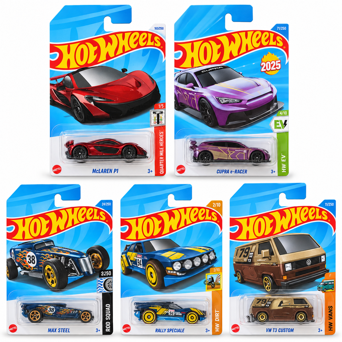 Hot Wheels 1:64 Die-Cast 5-Car Combo – McLaren P1, CUPRA e-Racer, Max Steel, Rally Speciale & VW T3 Custom