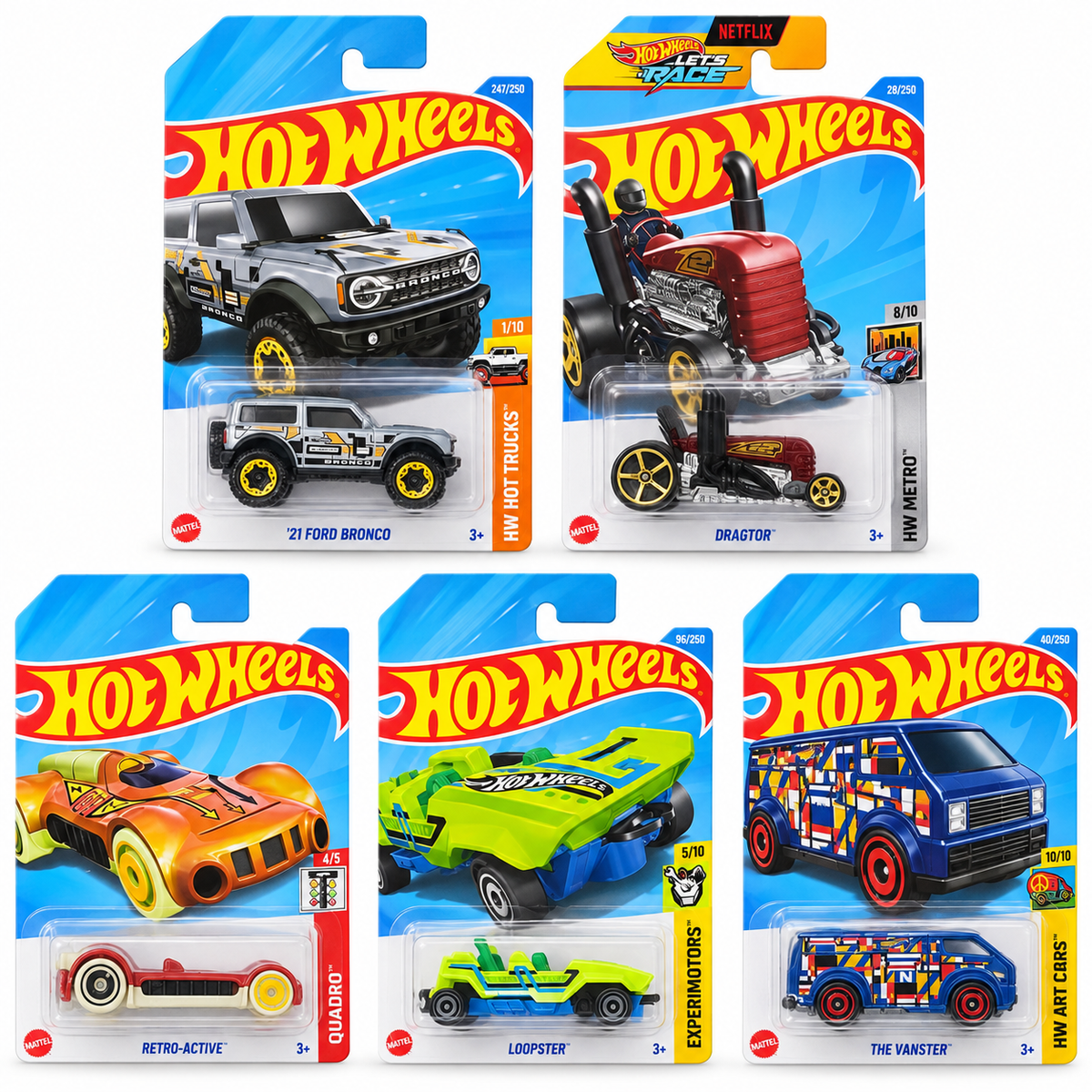 Hot Wheels 1:64 Die-Cast 5-Car Combo – ’21 Ford Bronco, Dragtor, Retro-Active, Loopster & The Vanster