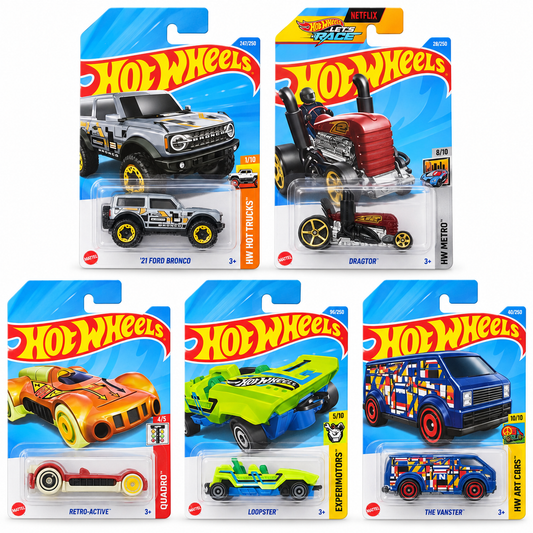 Hot Wheels 1:64 Die-Cast 5-Car Combo – ’21 Ford Bronco, Dragtor, Retro-Active, Loopster & The Vanster