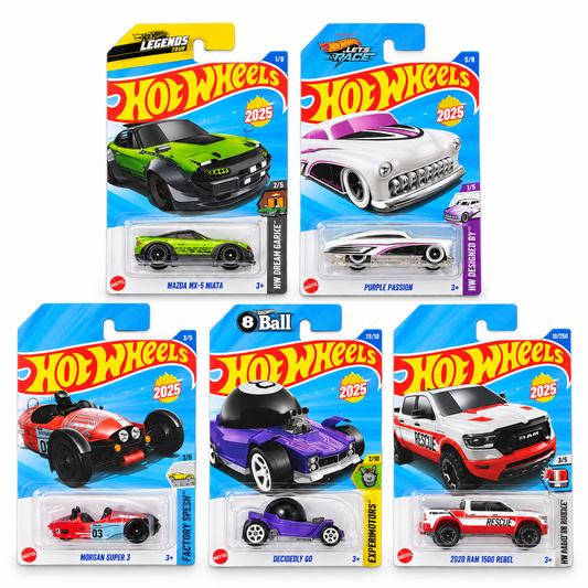 Hot Wheels 1:64 Die-Cast 5-Car Set – Mazda MX-5 Miata, Purple Passion, Morgan Super 3, Decidedly Go & 2020 Ram 1500 Rebel
