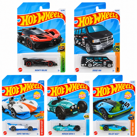 Hot Wheels 1:64 Die-Cast 5-Car Combo Set – Bugatti Bolide, Dodge Van, Super Twin Mill, Morgan Super 3 & Rollin’ Solo