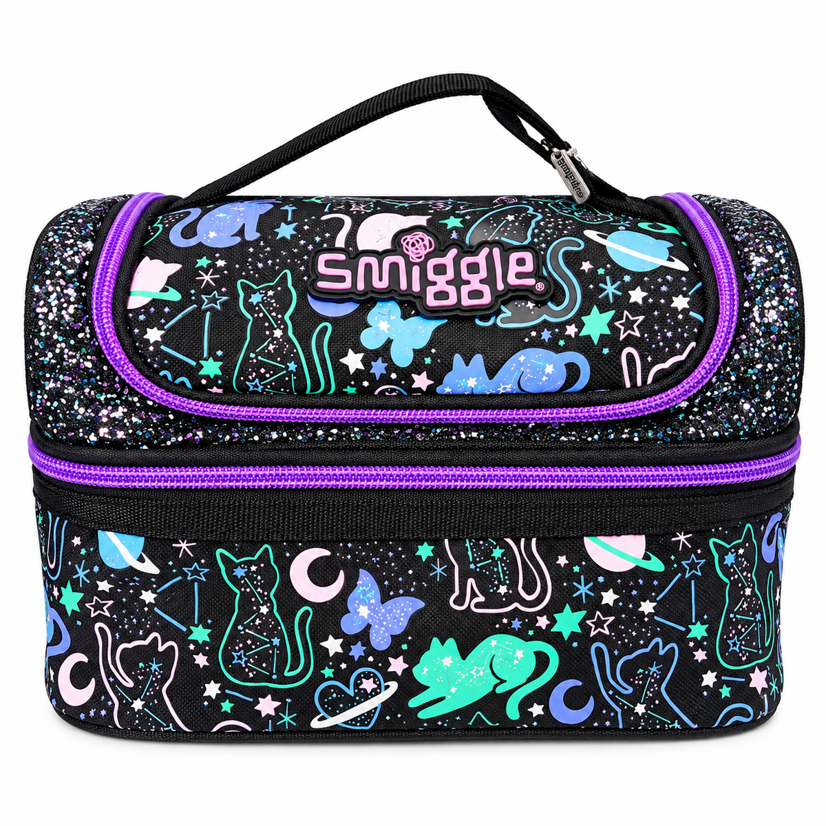 Smiggle Junior Backpack Lunch Bag for Kids – Insulated School Lunch Bag with Carry Handle, Double Zip Design, Glitter Finish & Colourful Cosmic Cat Print – Black & Purple