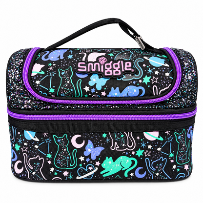 Smiggle Junior Backpack Lunch Bag for Kids – Insulated School Lunch Bag with Carry Handle, Double Zip Design, Glitter Finish & Colourful Cosmic Cat Print – Black & Purple