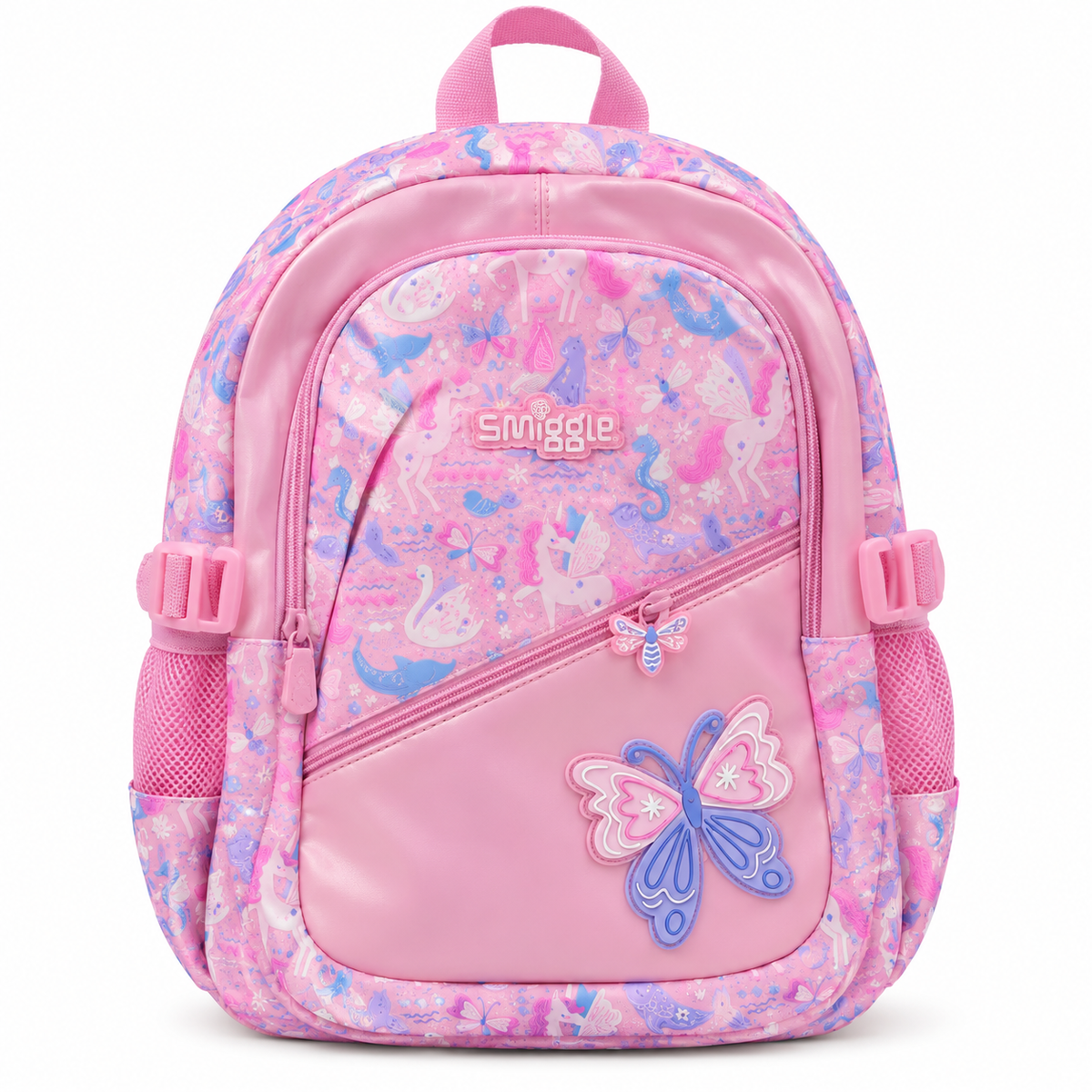 Smiggle Kids Backpack – Pink Unicorn, Butterfly & Fantasy Print School Bag with Front Zip Pocket, Side Mesh Pockets & Carry Handle