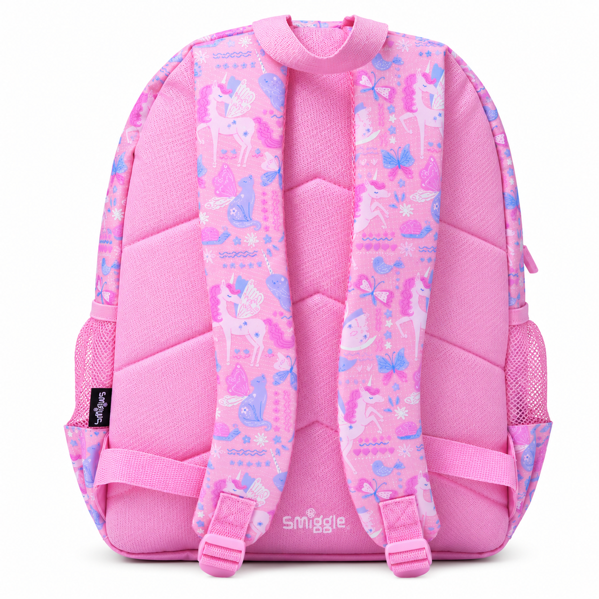 Smiggle Kids Backpack – Pink Unicorn, Butterfly & Fantasy Print School Bag with Front Zip Pocket, Side Mesh Pockets & Carry Handle
