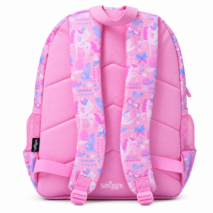 Smiggle Kids Backpack – Pink Unicorn, Butterfly & Fantasy Print School Bag with Front Zip Pocket, Side Mesh Pockets & Carry Handle