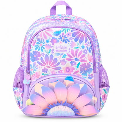 Smiggle Kids Backpack – Pastel Floral School Bag with 3D Flower Design, Sequin Detail, Padded Shoulder Straps & Side Mesh Pockets – Purple