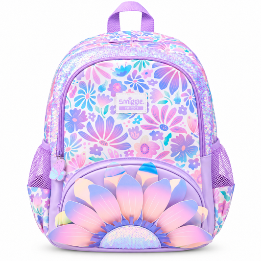 Smiggle Kids Backpack – Pastel Floral School Bag with 3D Flower Design, Sequin Detail, Padded Shoulder Straps & Side Mesh Pockets – Purple