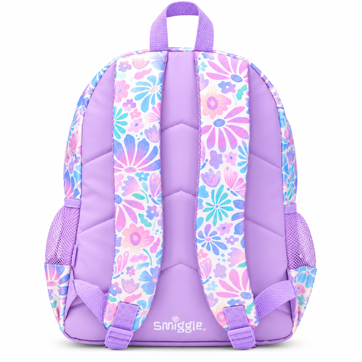 Smiggle Kids Backpack – Pastel Floral School Bag with 3D Flower Design, Sequin Detail, Padded Shoulder Straps & Side Mesh Pockets – Purple
