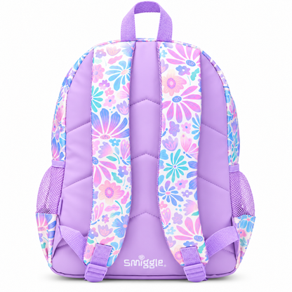 Smiggle Kids Backpack – Pastel Floral School Bag with 3D Flower Design, Sequin Detail, Padded Shoulder Straps & Side Mesh Pockets – Purple