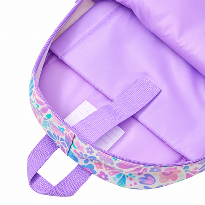 Smiggle Kids Backpack – Pastel Floral School Bag with 3D Flower Design, Sequin Detail, Padded Shoulder Straps & Side Mesh Pockets – Purple