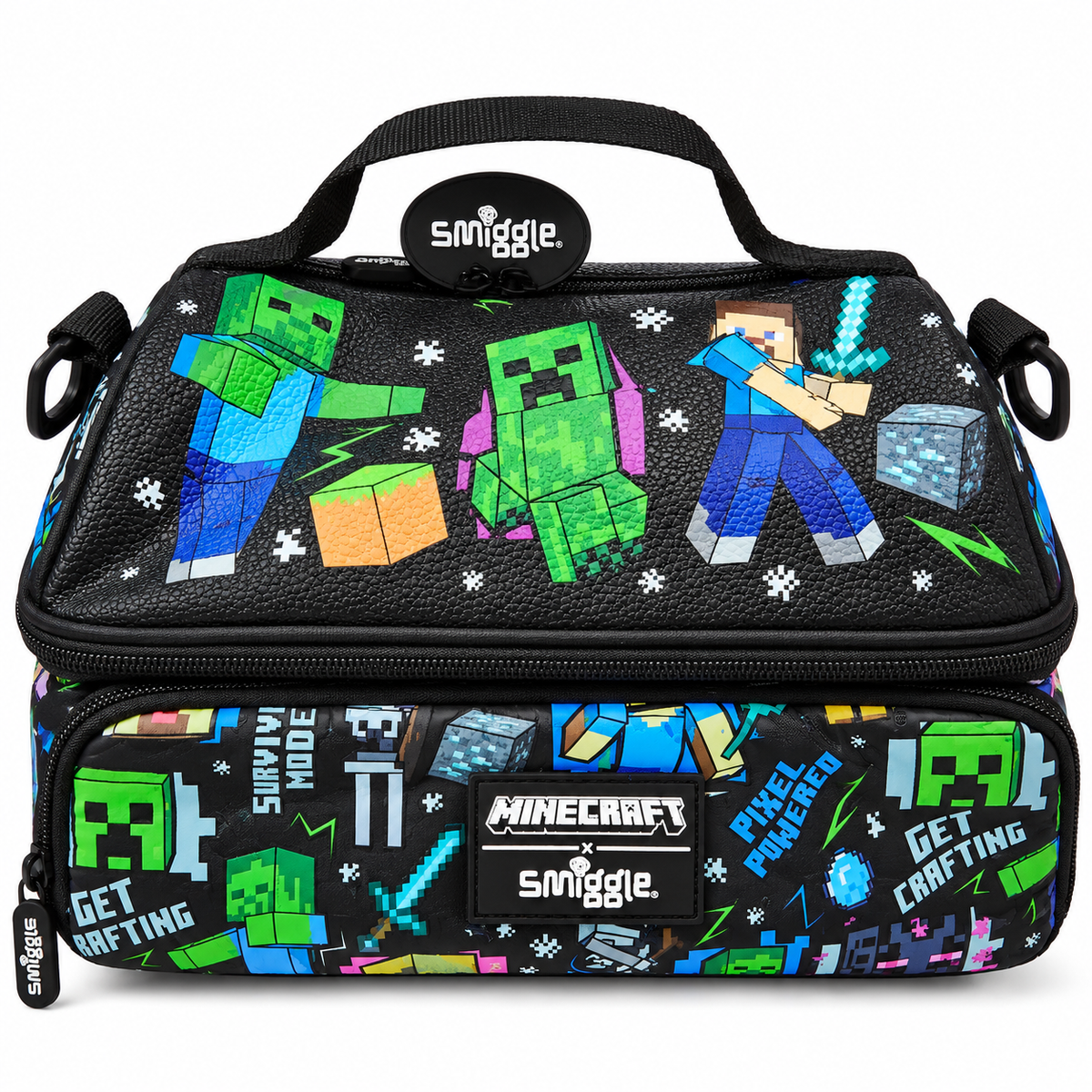 Smiggle x Minecraft Insulated Lunch Bag for Kids – Dual Compartment School Lunch Box with Carry Handle, Adjustable Shoulder Strap & Pixel Character Print – Black