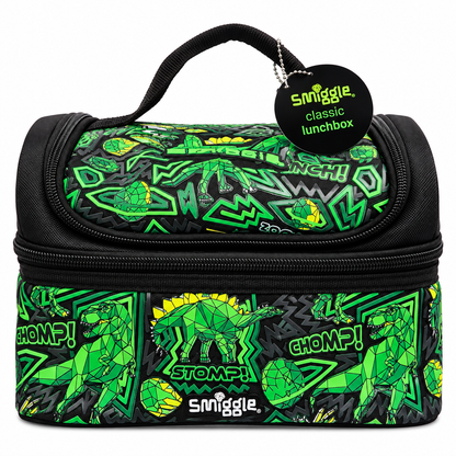 Smiggle Classic Lunchbox for Kids – Insulated Double-Zip School Lunch Bag with Carry Handle, Dinosaur Print – Green & Black