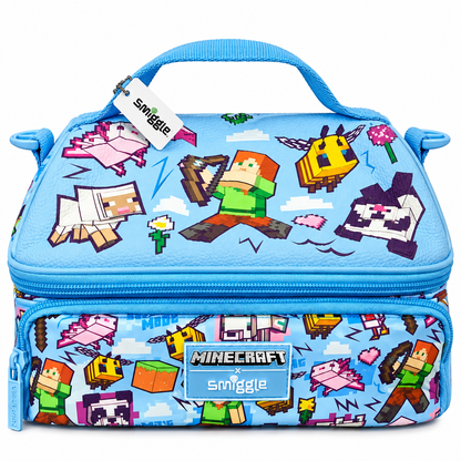 Smiggle x Minecraft Classic Lunchbox for Kids – Insulated Double-Zip School Lunch Bag with Carry Handle, Pixel Character Print – Blue