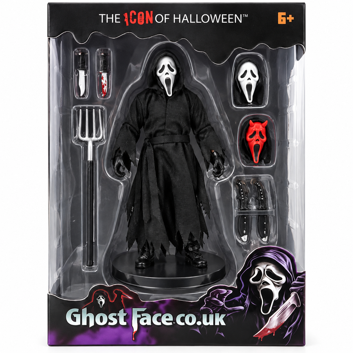 Ghost Face Collectible Action Figure with Alternate Masks, Knives, Pitchfork & Display Stand – Halloween Horror Figure Set for Kids & Collectors Ages 6+