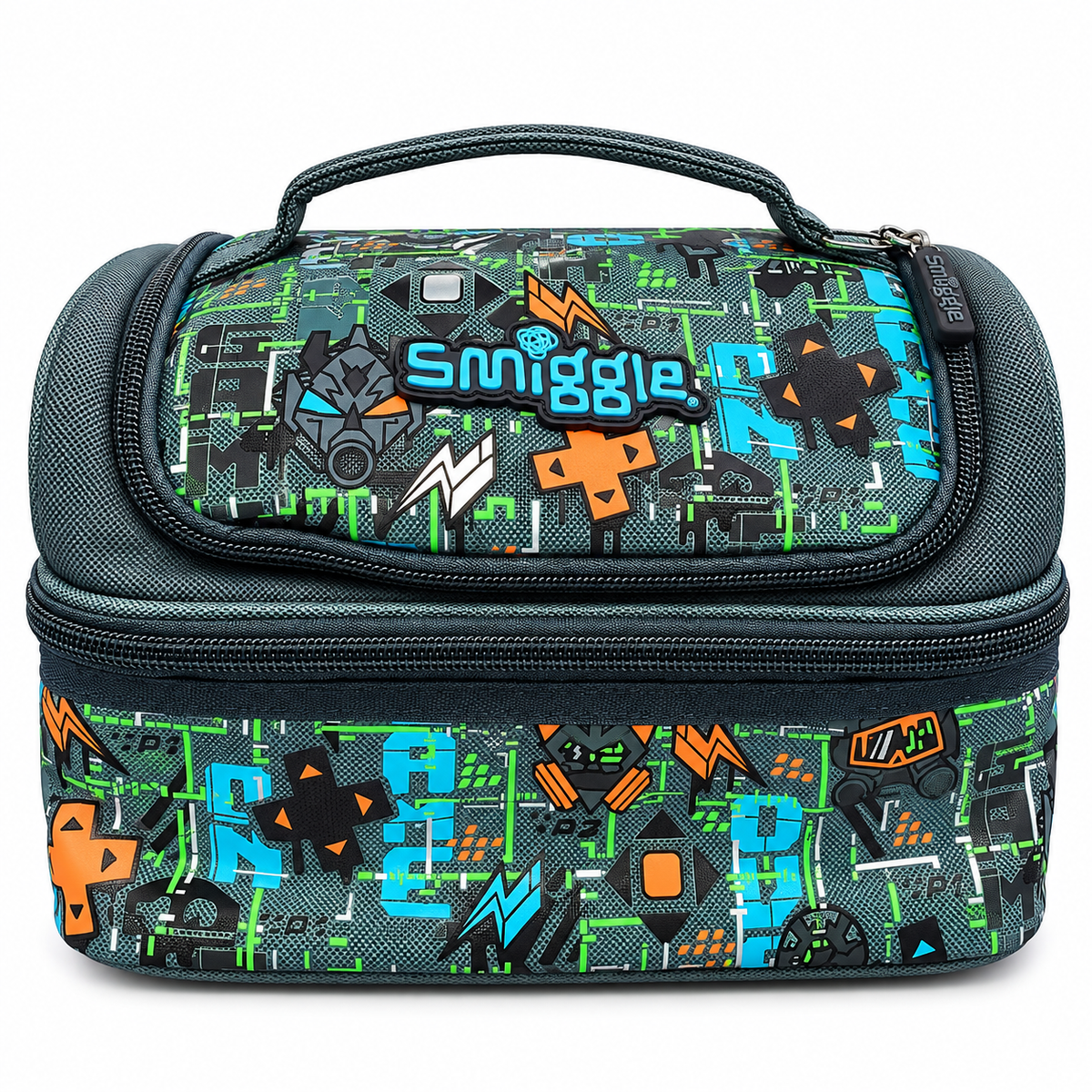 Smiggle Teeny Tiny Kids Insulated Lunch Bag – Double Zip School Lunch Box with Carry Handle & Gaming Graphic Print – Grey, Green & Blue