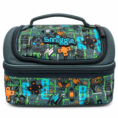 Smiggle Teeny Tiny Kids Insulated Lunch Bag – Double Zip School Lunch Box with Carry Handle & Gaming Graphic Print – Grey, Green & Blue
