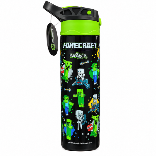 Smiggle Minecraft 520ml / 18 fl oz Stainless Steel Water Bottle for Kids with Push-Button Flip Lid, Drinking Spout & Carry Handle – Black & Green