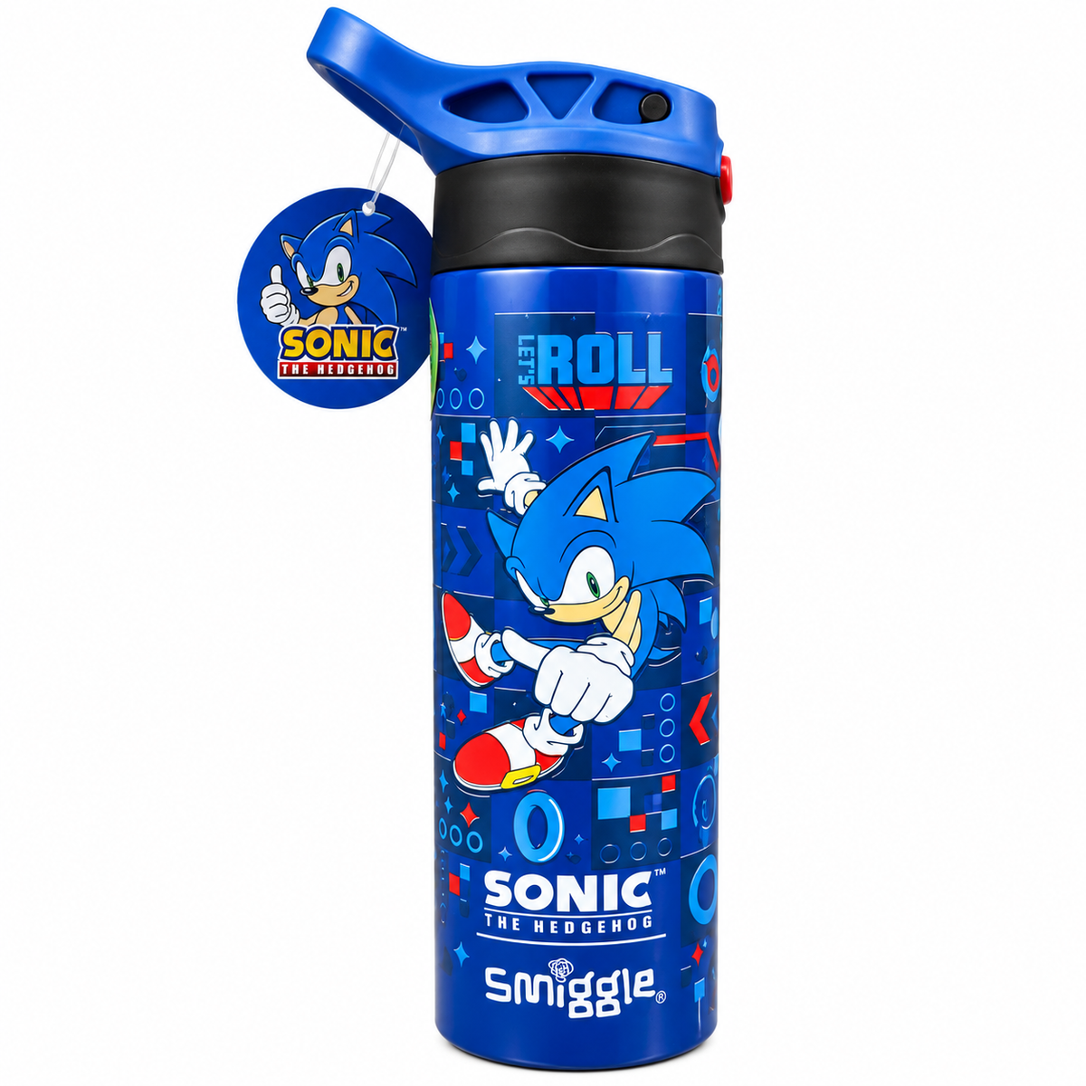 Smiggle Sonic the Hedgehog 520ml / 18 fl oz Stainless Steel Water Bottle for Kids with Push-Button Flip Lid, Drinking Spout & Carry Handle – Blue