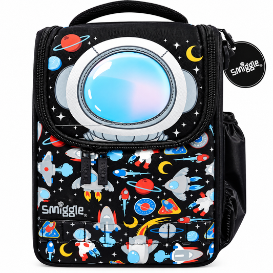 Smiggle Space Astronaut Double Decker Lunchbox for Kids – Insulated School Lunch Bag with Carry Handle, Bottle Pocket & Galaxy Rocket Print – Black