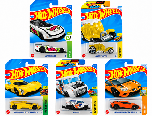 Hot Wheels 1:64 Die-Cast Cars 5-Pack Combo – Supercharged, Dessert Drifter, Cadillac Project GTP Hypercar, Mailed It! & Lamborghini Huracán Sterrato