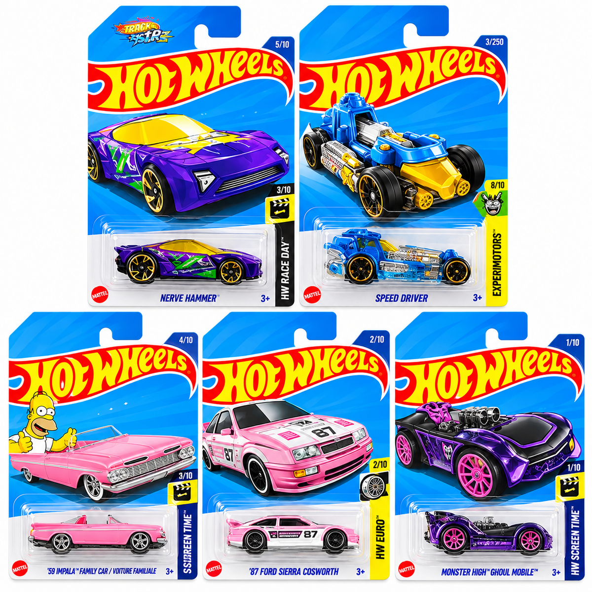 Hot Wheels 1:64 Die-Cast Cars 5-Pack Combo – Nerve Hammer, Speed Driver, ’59 Impala, Ford Sierra Cosworth & Monster High Ghoul Mobile
