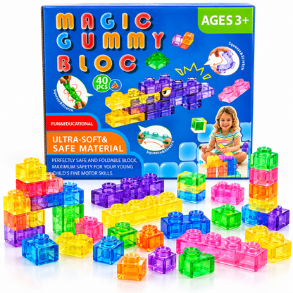 Magic Gummy Bloc 40 Pcs Soft & Flexible Building Blocks for Kids – Squeeze & Stretch Translucent Construction Toy, Creative Educational Building Set for Ages 3+