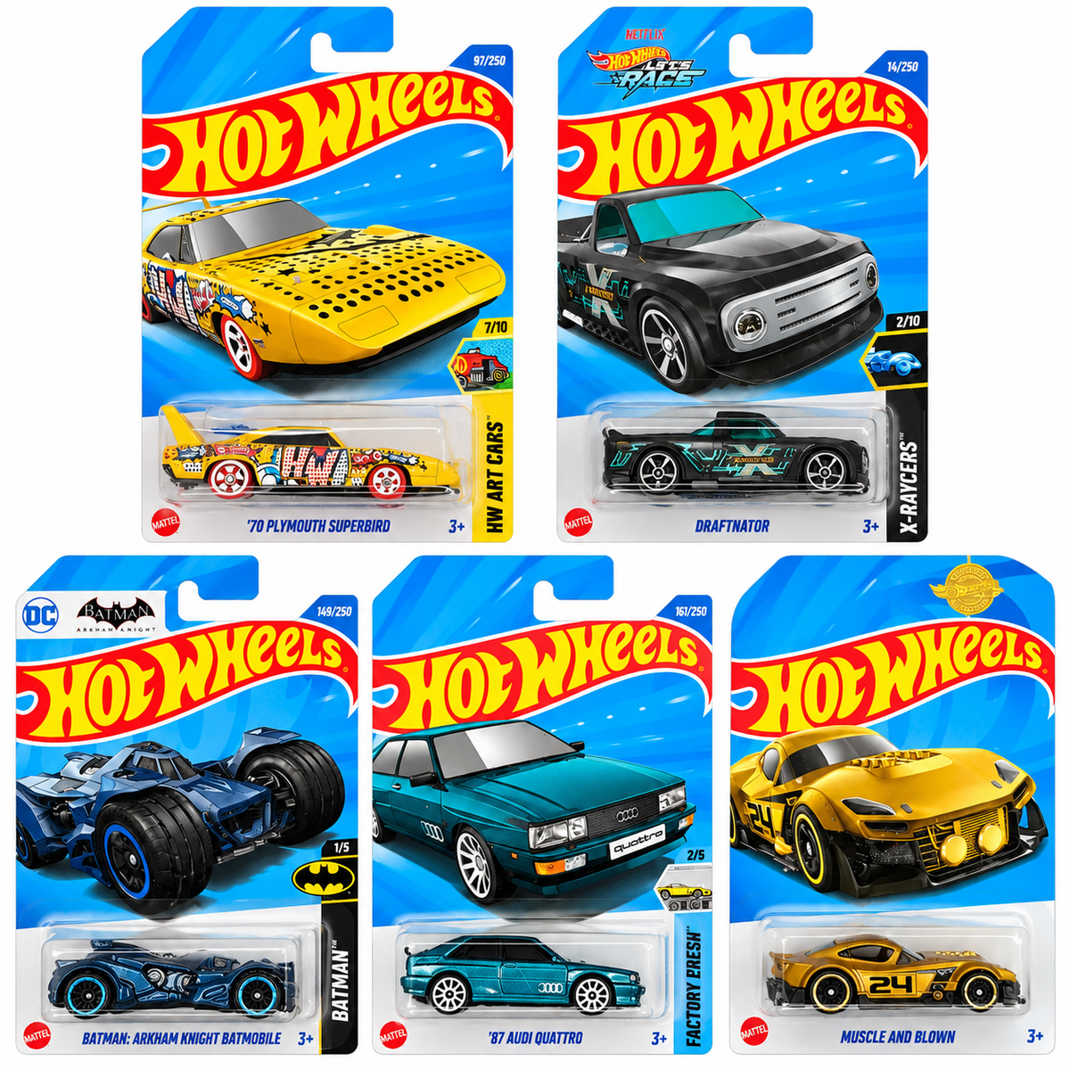 Hot Wheels 1:64 Die-Cast Car 5-Pack Combo – ’70 Plymouth Superbird, Draftnator, Batman Arkham Knight Batmobile, ’87 Audi Quattro & Muscle and Blown