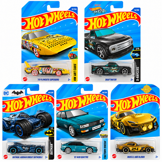 Hot Wheels 1:64 Die-Cast Car 5-Pack Combo – ’70 Plymouth Superbird, Draftnator, Batman Arkham Knight Batmobile, ’87 Audi Quattro & Muscle and Blown