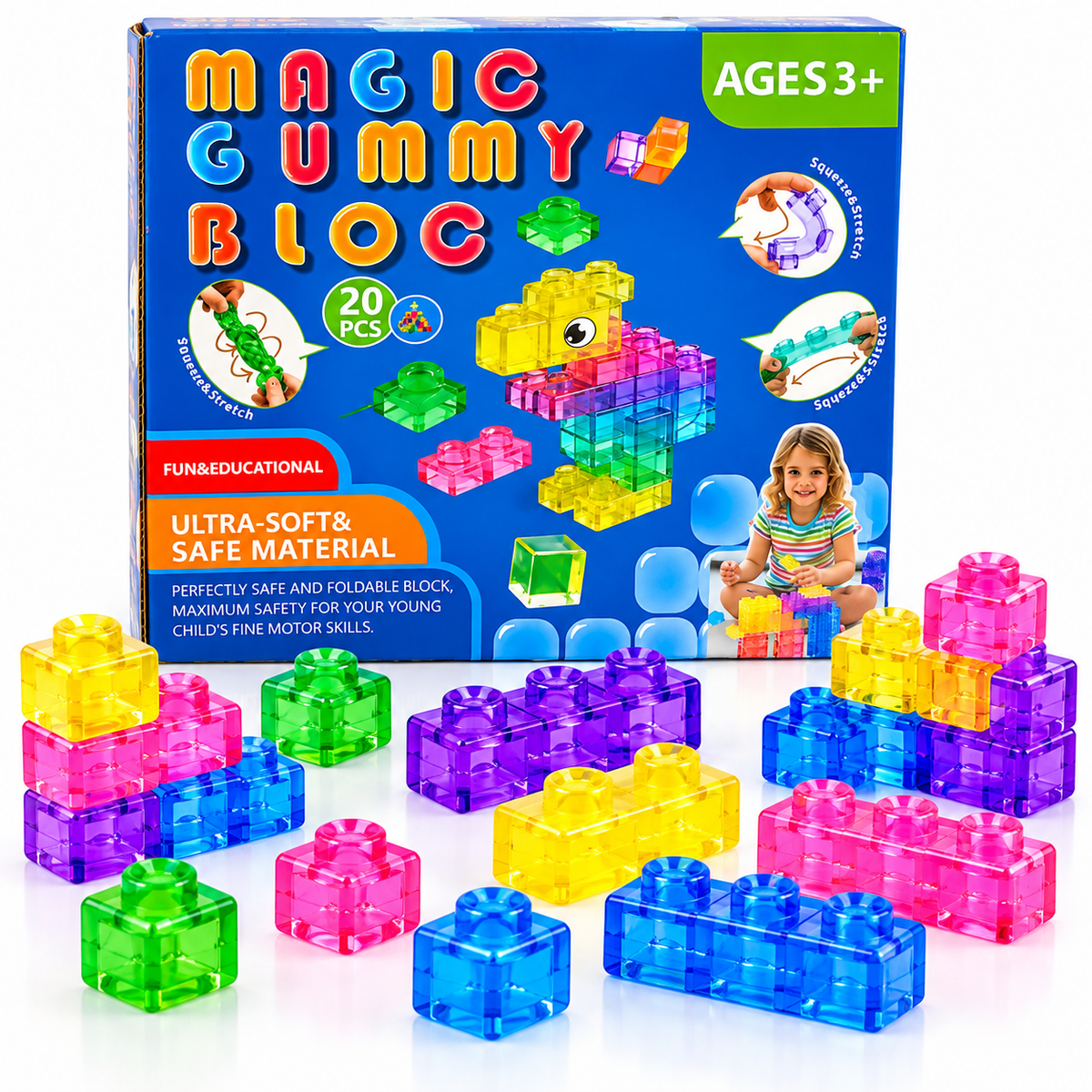 Magic Gummy Bloc 20 Pcs Soft & Flexible Building Blocks for Kids – Squeeze & Stretch Translucent Colourful Construction Blocks, Creative Educational Sensory Building Toy for Boys & Girls Ages 3+