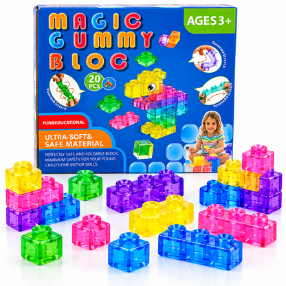 Magic Gummy Bloc 20 Pcs Soft & Flexible Building Blocks for Kids – Squeeze & Stretch Translucent Colourful Construction Blocks, Creative Educational Sensory Building Toy for Boys & Girls Ages 3+