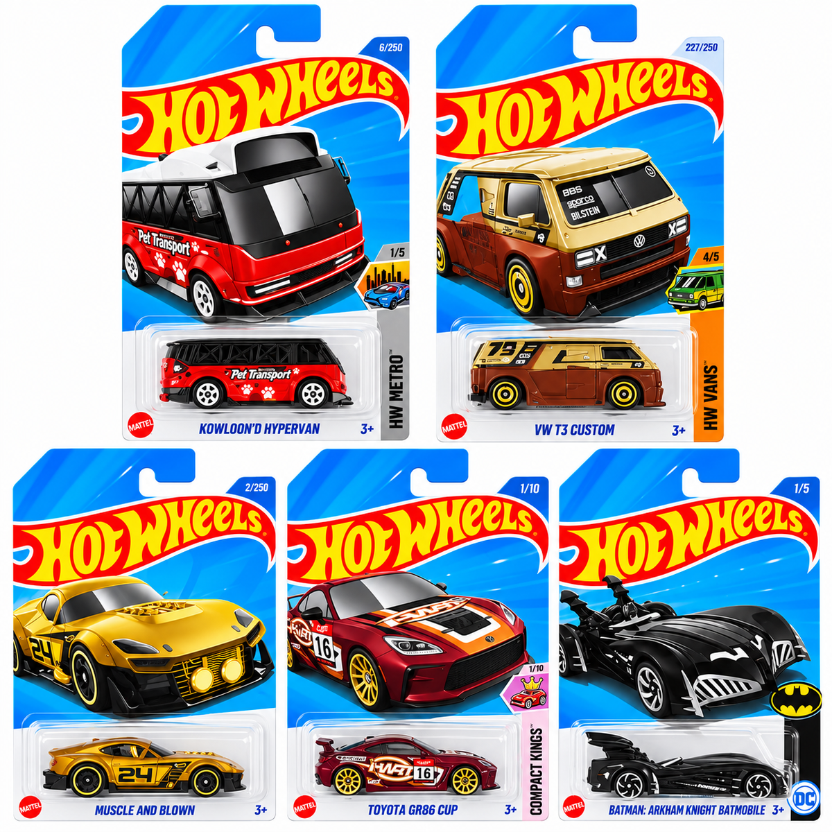 Hot Wheels 1:64 Die-Cast Car 5-Pack Combo – VW T3 Custom, Toyota GR86 Cup, Batman Arkham Knight Batmobile, Kowloon’d Hypervan & Muscle and Blown