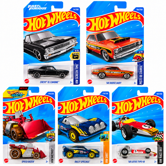 Hot Wheels 1:64 Die-Cast Car 5-Pack Combo – Chevy El Camino, ’68 Dodge Dart, ’68 Lotus Type 49, Rally Speciale & Speed Dozer