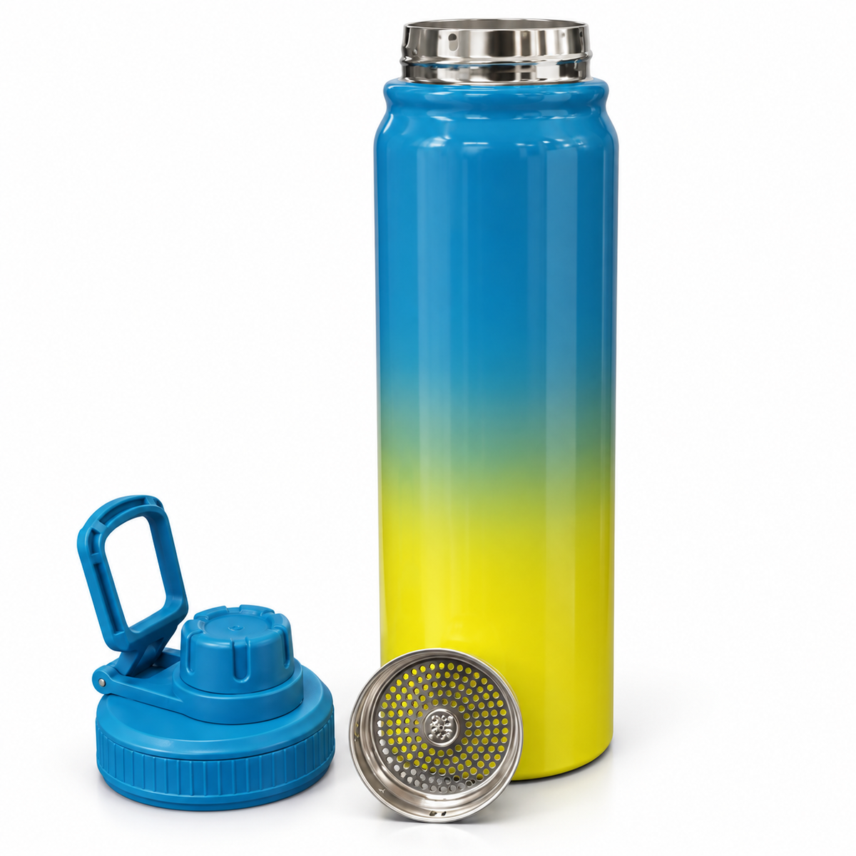 Vacuum Insulated Stainless Steel Water Bottle 800ml with Carry Handle & Tea Infuser – Blue & Yellow Gradient
