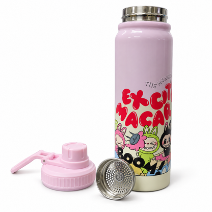 The Monsters Labubu 800ml Vacuum Insulated Stainless Steel Water Bottle with Carry Handle & Tea Infuser – Pink