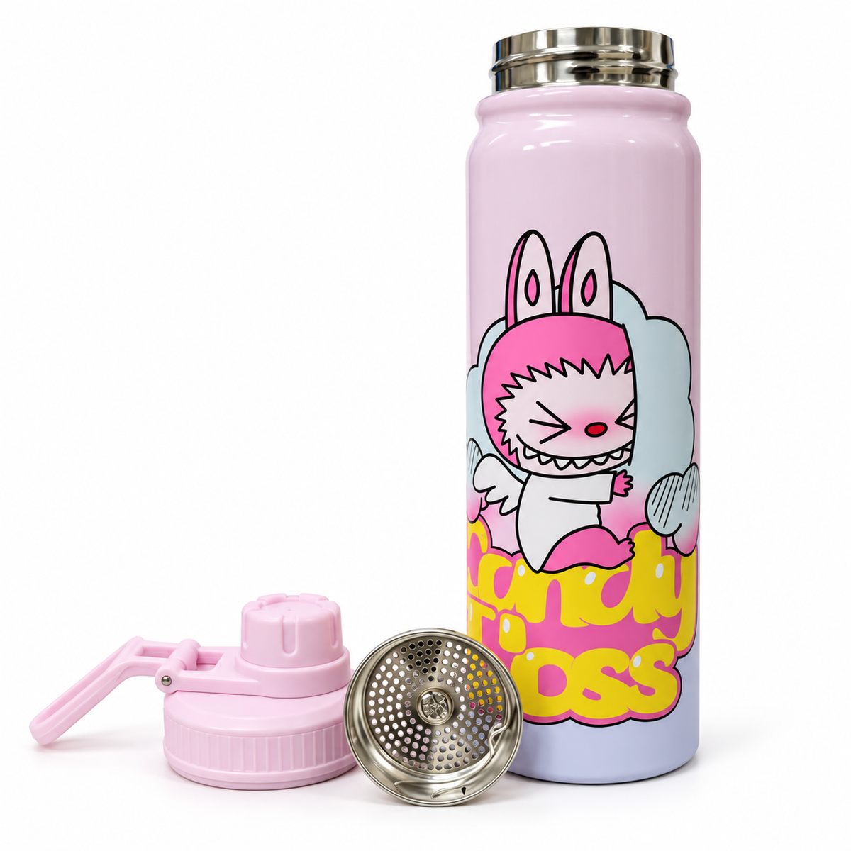 The Monsters Labubu 800ml Vacuum Insulated Stainless Steel Water Bottle with Carry Handle & Tea Infuser – Pink