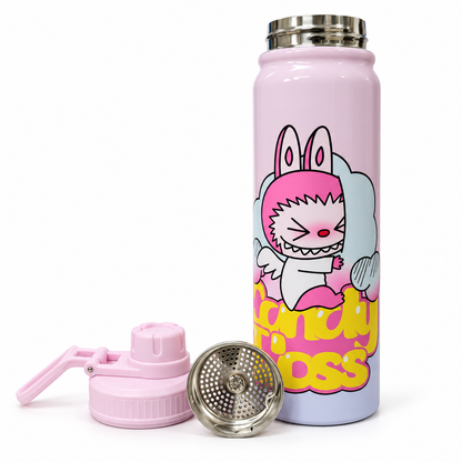 The Monsters Labubu 800ml Vacuum Insulated Stainless Steel Water Bottle with Carry Handle & Tea Infuser – Pink