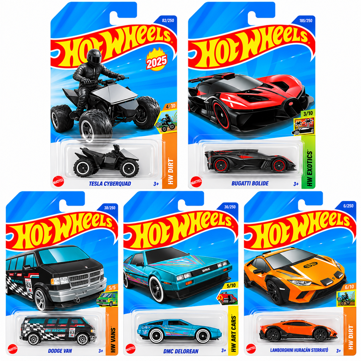 Hot Wheels 1:64 Die-Cast 5-Pack Combo – Bugatti Bolide, Lamborghini Huracán Sterrato, DMC DeLorean, Tesla Cyberquad & Dodge Van